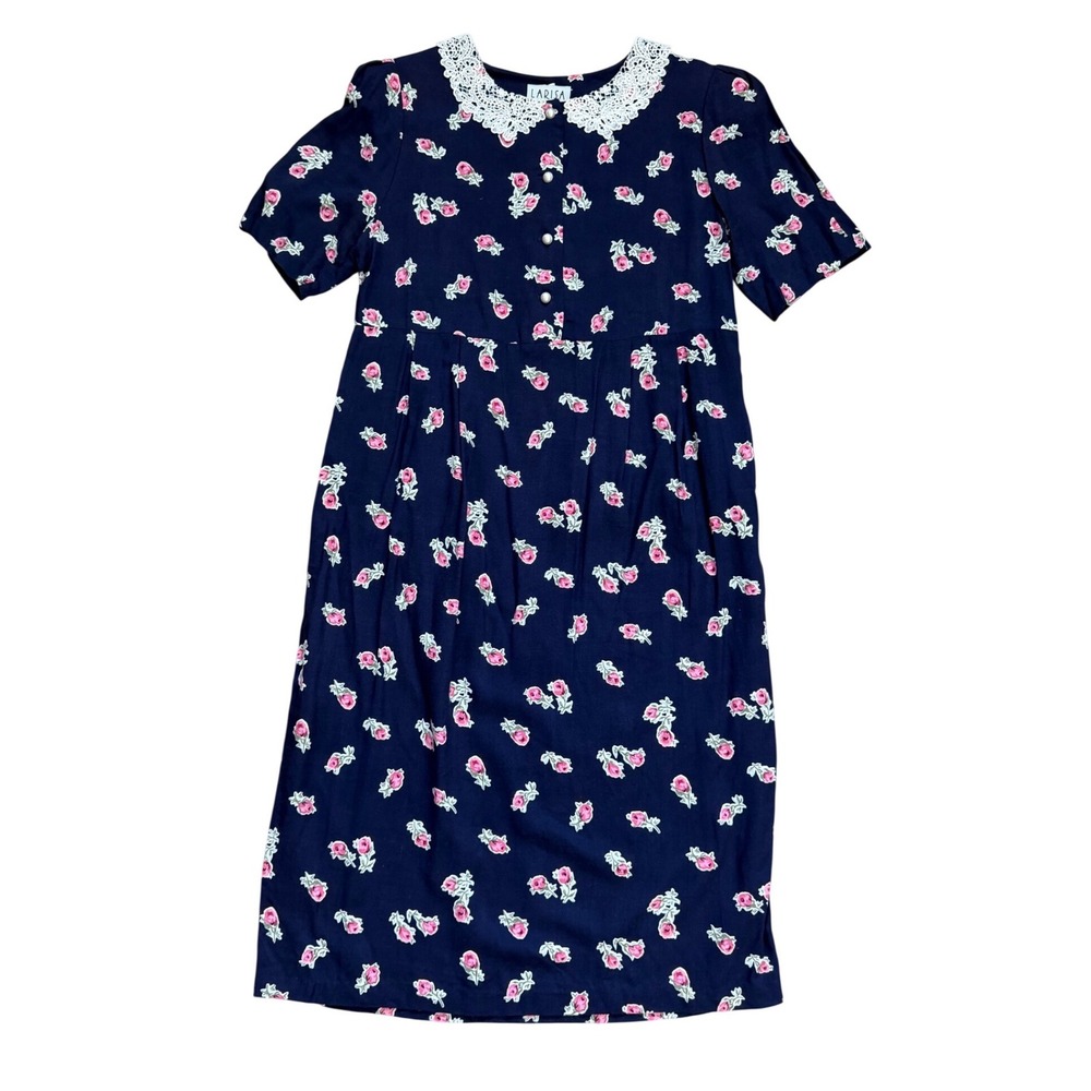 Vintage Floral Midi Dress Navy Pink Lace Collar‎ Pearl Buttons cottage prairie